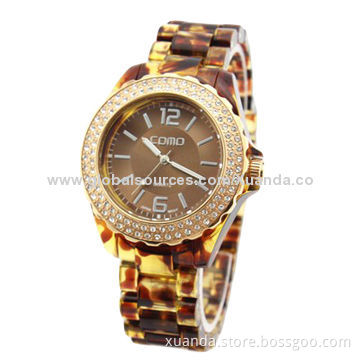 Shell fashion watch, CZ stone on bezel, resin strap and case, 5ATM waterproofNew